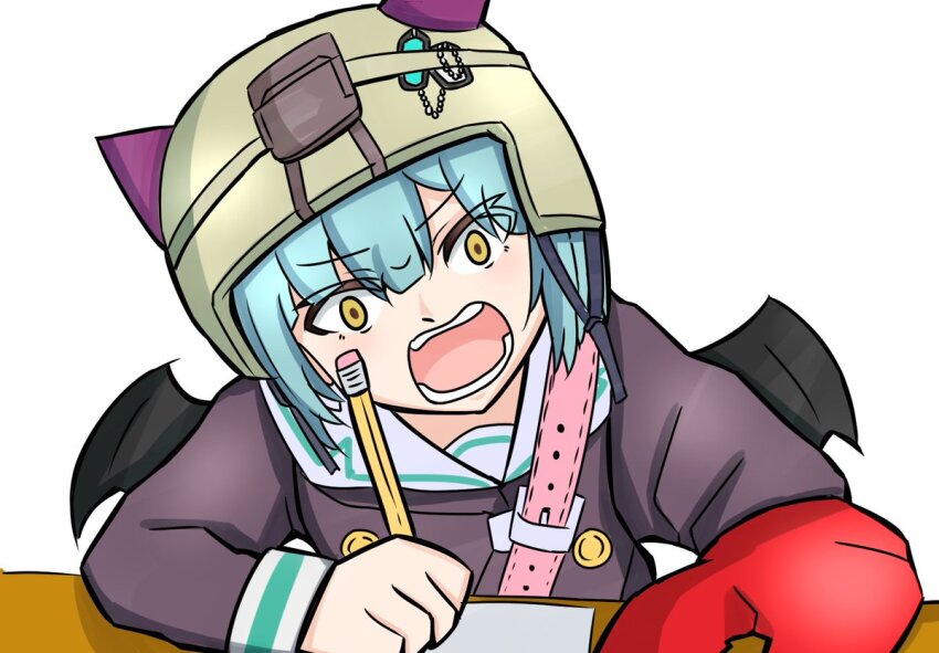 1girl bungo_yayoi crab_claw fake_horns green_hair hat heaven_burns_red helmet horns i_fucking_love_drawing_(meme) meme open_mouth pencil short_hair yellow_eyes yoorie19