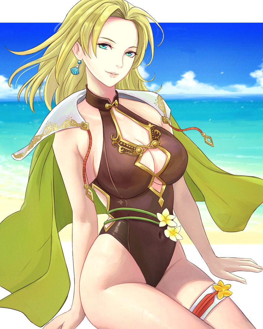 1girl absurdres beach blonde_hair breasts cape cleavage clothing_cutout covered_navel earrings fire_emblem fire_emblem:_the_sacred_stones fire_emblem_heroes green_eyes highres jewelry large_breasts medium_hair nintendo ocean official_alternate_costume on_ground one-piece_swimsuit parted_bangs selena_(fire_emblem:_the_sacred_stones) selena_(summer)_(fire_emblem:_the_sacred_stones) sky smile swimsuit thigh_strap truejekart