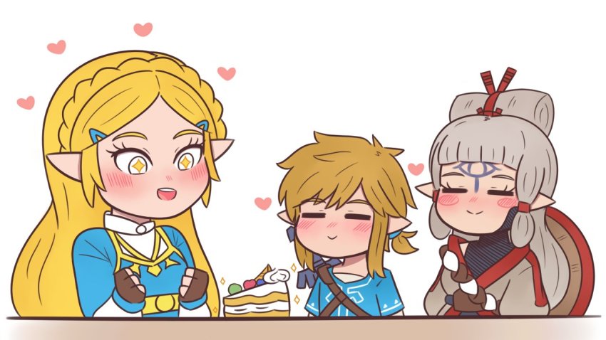 1boy 2girls blonde_hair blue_bodysuit blue_shirt blush bodysuit bodysuit_under_clothes cake cake_slice chibi eye_symbolf facial_mark food forehead_mark fruitcake grey_hair hat_on_back hyrule_warriors:_age_of_calamity impa link multiple_girls nintendo pointy_ears princess_zelda sheikah shirt smile sparkling_eyes the_legend_of_zelda the_legend_of_zelda:_breath_of_the_wild