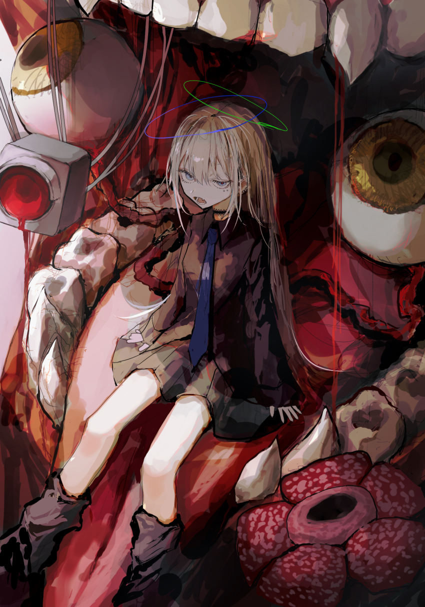 1girl black_choker black_shirt black_skirt blonde_hair blue_eyes blue_necktie choker commentary eyeball fangs flower hair_between_eyes hidariri highres long_hair long_sleeves looking_at_viewer mouth_focus necktie original pleated_skirt rafflesia_(flower) red_flower shirt sitting skirt teeth tongue traffic_light