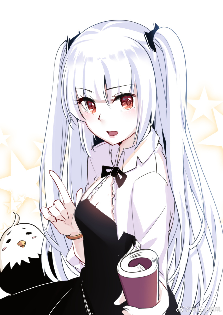1girl :d absurdres aer_(tengqiu) alternate_costume bird black_bow black_dress blunt_bangs blush book bow breasts collared_shirt dress essex_(warship_girls_r) hair_between_eyes hair_ornament highres holding holding_book index_finger_raised long_hair long_sleeves looking_at_viewer open_mouth red_eyes shirt small_breasts smile solo star_(symbol) twintails two_side_up very_long_hair warship_girls_r watermark weibo_watermark white_hair white_shirt