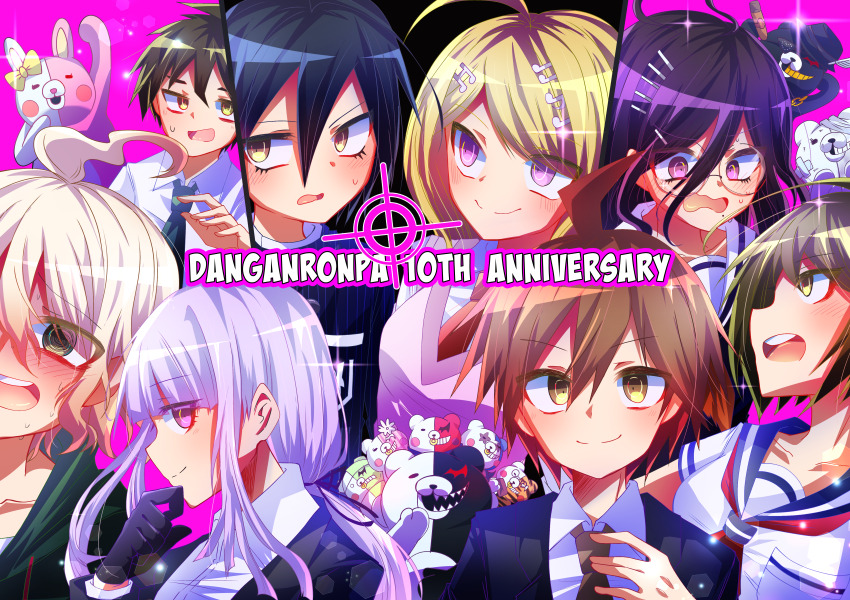 4boys 4girls absurdres ahoge akamatsu_kaede anniversary arm_up bandages bear black_gloves black_shirt blonde_hair blue_hair blush bow brown_eyes brown_hair brown_necktie cigar closed_mouth danganronpa:_trigger_happy_havoc danganronpa_(series) danganronpa_2:_goodbye_despair danganronpa_3_(anime) danganronpa_another_episode:_ultra_despair_girls danganronpa_v3:_killing_harmony english_text fedora flower fortissimo from_side fukawa_toko glasses gloves gold_teeth green_eyes green_necktie hair_ornament hand_on_own_chin hat highres hinata_hajime kirigiri_kyoko komaeda_nagito kujira_pyon_ka kurokuma_(danganronpa) long_hair mole mole_under_mouth monodam monokid monokuma monomi_(danganronpa) monophanie monosuke monotaro_(danganronpa) multiple_boys multiple_girls musical_note musical_note_hair_ornament naegi_komaru naegi_makoto necktie open_mouth purple_eyes purple_hair purple_shirt rabbit red_necktie robot round_eyewear saihara_shuichi school_uniform serafuku sharp_teeth shirokuma_(danganronpa) shirt short_hair smile sweat sweatdrop teeth upper_teeth_only white_hair white_shirt yellow_bow