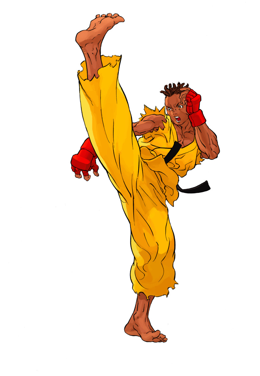 1boy angry axe_kick barefoot brown_hair cornrows dark-skinned_male dark_skin dougi dreadlocks fighting_stance fingerless_gloves game_cg gloves highres karate_gi kicking male_focus mma_gloves muscular muscular_male nishimura_kinu non-web_source official_art open_mouth outstretched_arm sean_matsuda simple_background solo solo_focus street_fighter street_fighter_iii_(series) teeth very_dark_skin white_background