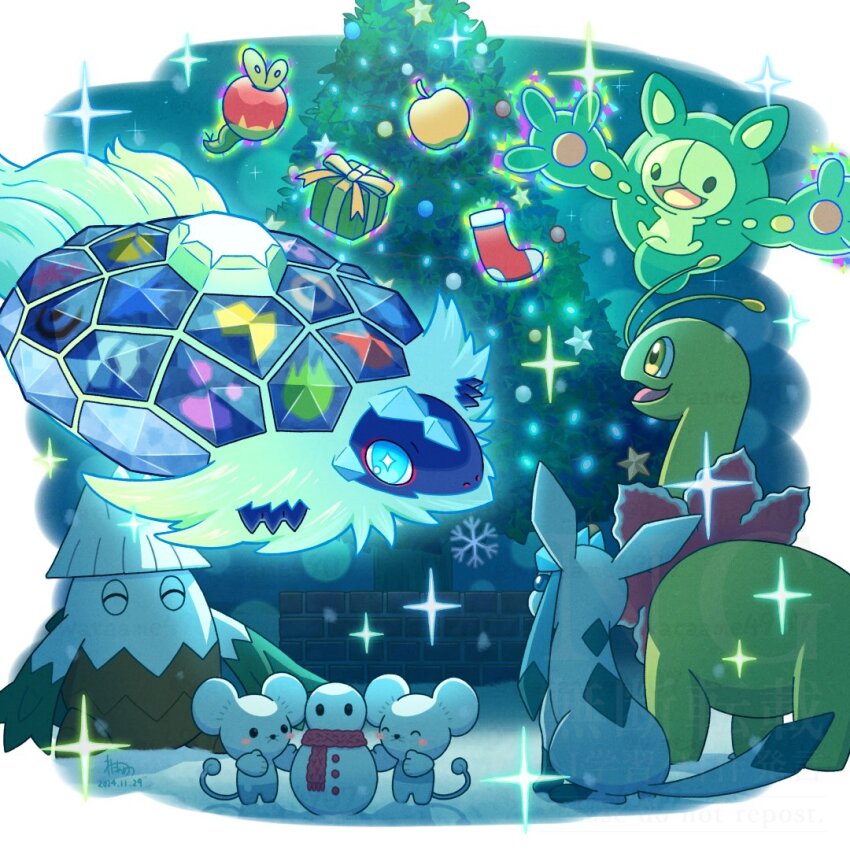 apple applin black_eyes blue_eyes blush blush_stickers christmas christmas_stocking christmas_tree closed_eyes commentary food fruit game_freak gen_2_pokemon gen_4_pokemon gen_5_pokemon gen_8_pokemon gift glaceon meganium nintendo no_humans open_mouth pokemon pokemon_(creature) reuniclus scarf sitting smile snover snowflakes snowman standing tandemaus telekinesis terapagos terapagos_(terastal) wataame4907 yellow_eyes