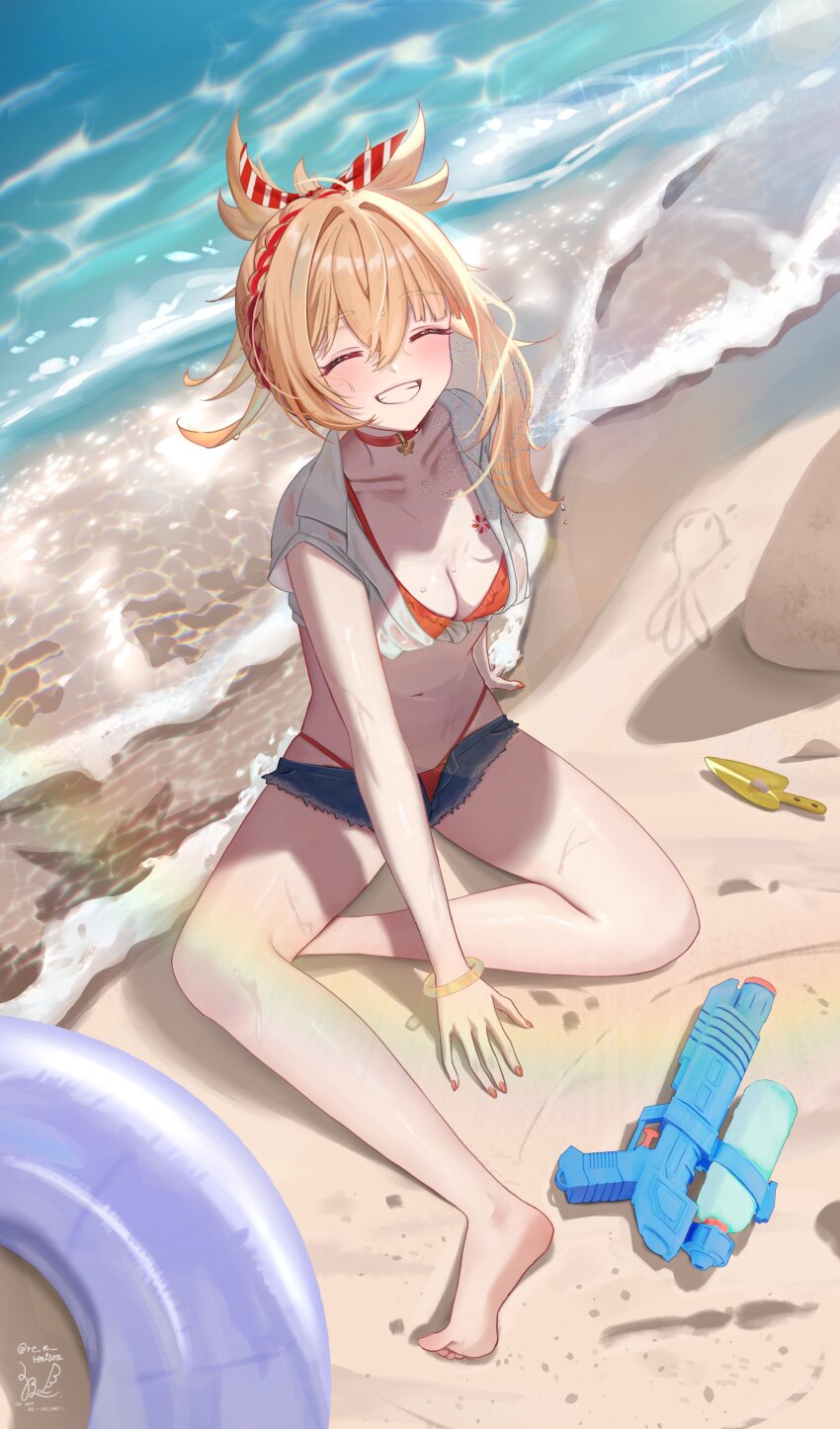 1girl absurdres beach bikini bikini_under_clothes blonde_hair breasts cleavage clenched_teeth closed_eyes denim denim_shorts facing_viewer genshin_impact grin highres medium_hair navel outdoors sand sazanami_(re_n_rentaro) shorts sitting smile solo stomach swim_ring swimsuit teeth water_gun yoimiya_(genshin_impact)