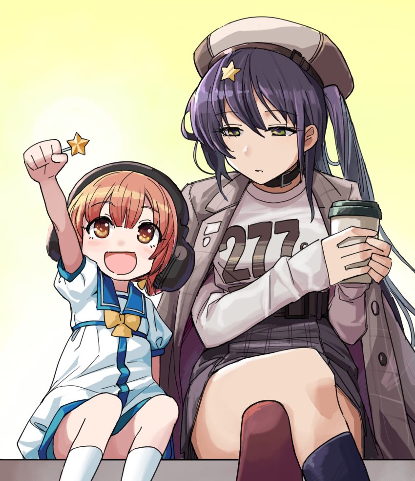 2girls beret black_hair blue_sailor_collar bow brown_eyes brown_hair candy clothes_writing coat coat_on_shoulders commentary_request crossed_legs dress feet_out_of_frame food grey_coat grey_eyes grey_shirt hair_rings hat headphones high-waist_skirt highres kaiboukan_no._4_(kancolle) kantai_collection lollipop long_hair low_twintails mizoki_kei multiple_girls official_alternate_costume sailor_collar sailor_dress sailor_hat scamp_(kancolle) scamp_(zuiun_festival)_(kancolle) shirt side_ponytail skirt tumbler twintails white_dress white_shirt yellow_background yellow_bow