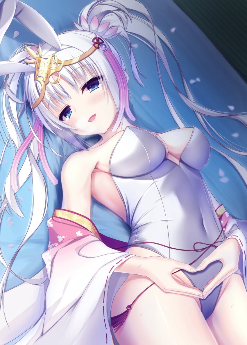1girl :d alternate_costume animal_ears bare_shoulders blue_eyes blush breasts commentary_request cowboy_shot detached_sleeves dutch_angle fake_animal_ears floral_print floral_print_sleeves flower hair_between_eyes hair_flower hair_ornament heart heart_hands highleg highleg_leotard highres leotard long_hair long_sleeves looking_at_viewer lying medium_breasts on_back open_mouth petals playboy_bunny print_sleeves rabbit_ears reiji_tsukimi ribbon-trimmed_sleeves ribbon_trim senren_banka shiny_skin sidelighting smile solo strapless strapless_leotard tiara tomotake_yoshino tsurime twintails very_long_hair white_flower white_hair white_leotard wide_sleeves
