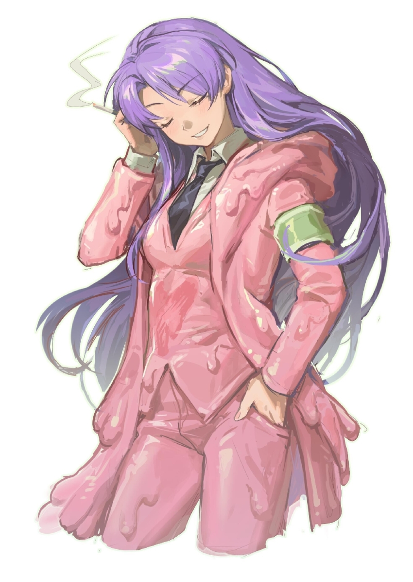1girl armband black_necktie cigarette closed_eyes collared_shirt commentary_request copyright_request cropped_legs formal_clothes green_armband grin hand_in_pocket highres holding holding_cigarette jacket jiu_jiu_jiu_jiu long_hair necktie pants parted_bangs pink_jacket pink_pants pink_suit pink_vest purple_hair shirt simple_background smile smoke solo suit very_long_hair vest white_background white_shirt