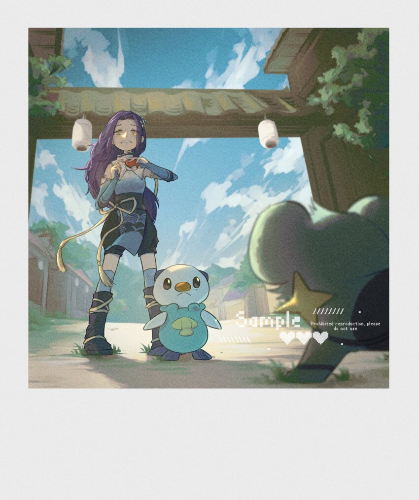 1girl bare_shoulders black_eyes black_fur black_shoes black_shorts blue_fur blue_gloves blue_shirt blue_sky blue_socks commission full_body gen_4_pokemon gen_5_pokemon gloves highres holding holding_poke_ball looking_at_another nervous nintendo oshawott outdoors poke_ball pokemon pokemon_(creature) pokemon_legends:_arceus purple_hair ribbon robinlovesop shinx shirt shoes shorts simple_background sky sleeveless socks standing white_background white_fur yellow_eyes yellow_ribbon