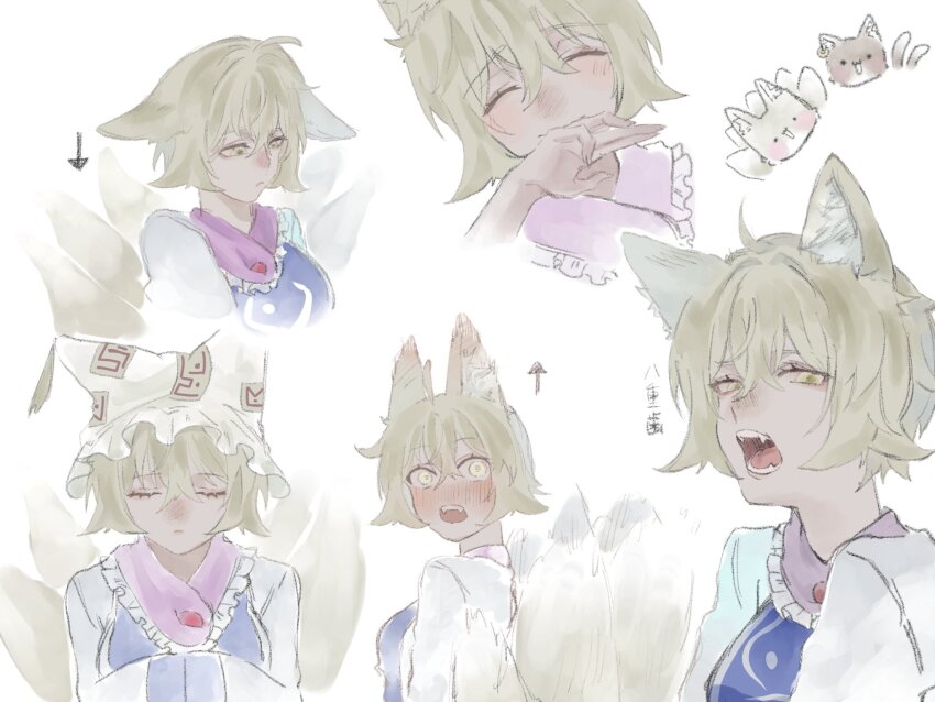 2girls animal_ears blonde_hair blush cat chen chen_(cat) fangs fox_ears fox_girl fox_tail hibikari1120 highres multiple_girls multiple_views simple_background tail touhou white_background yakumo_ran yellow_eyes