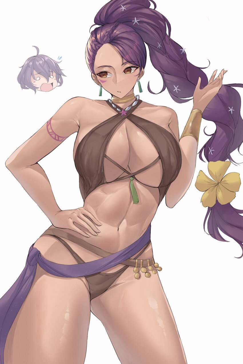 bernadetta_von_varley bikini braid braided_ponytail breasts brown_bikini calmgreentori dark-skinned_female dark_skin earrings facial_mark fire_emblem fire_emblem:_three_houses fire_emblem_heroes highres jewelry large_breasts long_hair navel nintendo official_alternate_costume petra_macneary petra_macneary_(summer) ponytail purple_hair swimsuit