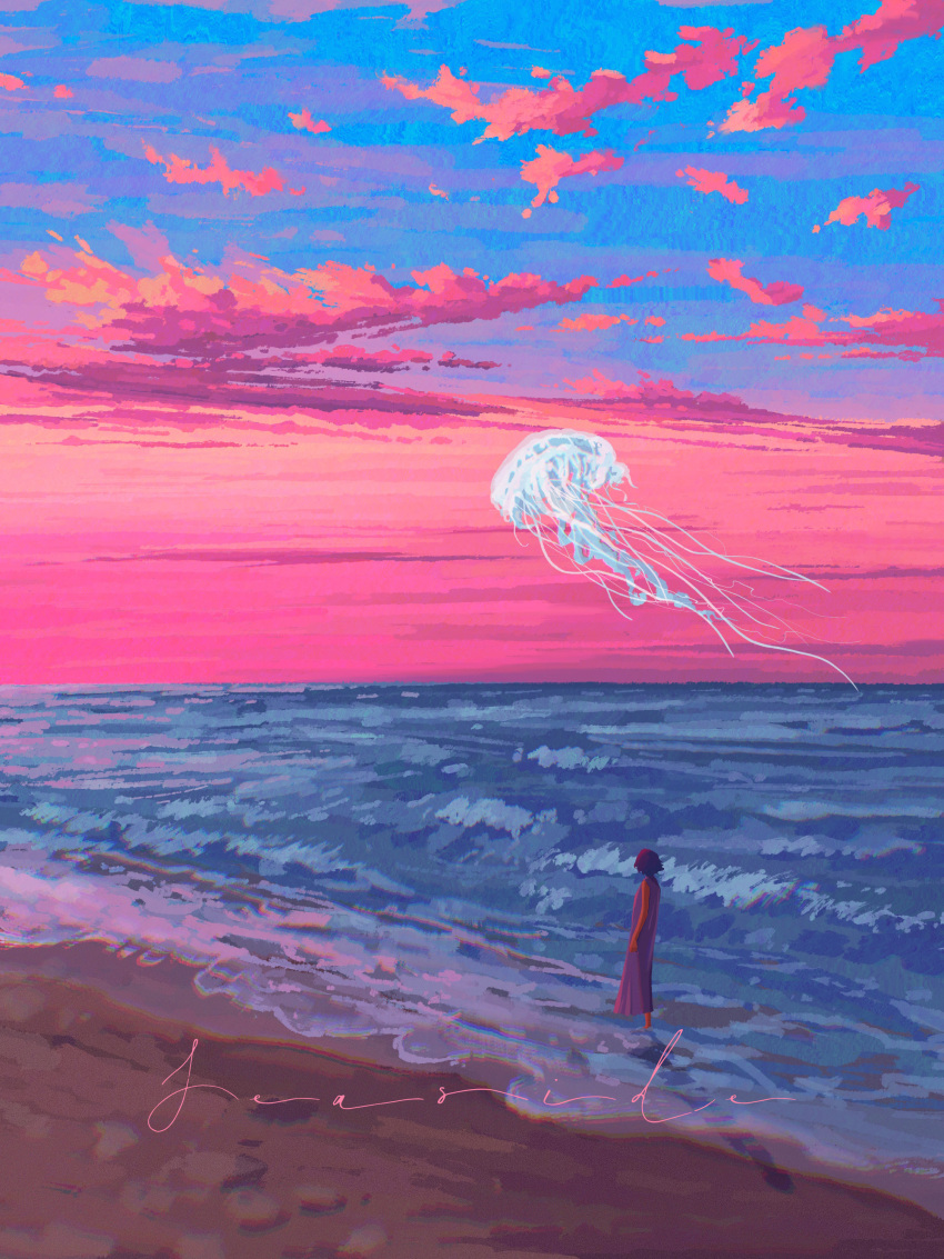 1girl absurdres animal barefoot beach black_hair blue_sky chinese_commentary chromatic_aberration commentary_request cursive dress evening fangpeii fish flying_fish from_side highres jellyfish landscape long_dress ocean original outdoors pink_clouds sand scenery short_hair sky sky_focus sleeveless sleeveless_dress solo standing sunset turning_head very_wide_shot water waves
