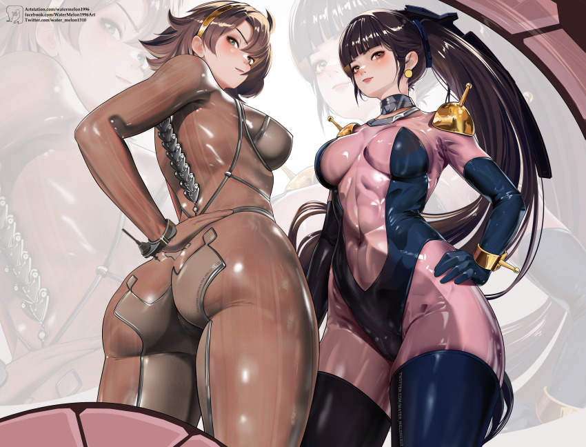 2girls absurdres ass black_hair bodysuit breasts brown_bodysuit brown_hair commentary cosplay crossover english_commentary eve_(stellar_blade) eve_(stellar_blade)_(cosplay) g_gundam gundam highres large_breasts mecha_pilot_suit mechanical_spine medium_breasts mobile_trace_suit multiple_girls pilot_suit ponytail rain_mikamura rain_mikamura_(cosplay) short_hair skin_suit_(stellar_blade) skin_tight standing stellar_blade two-tone_bodysuit watermelonsfw