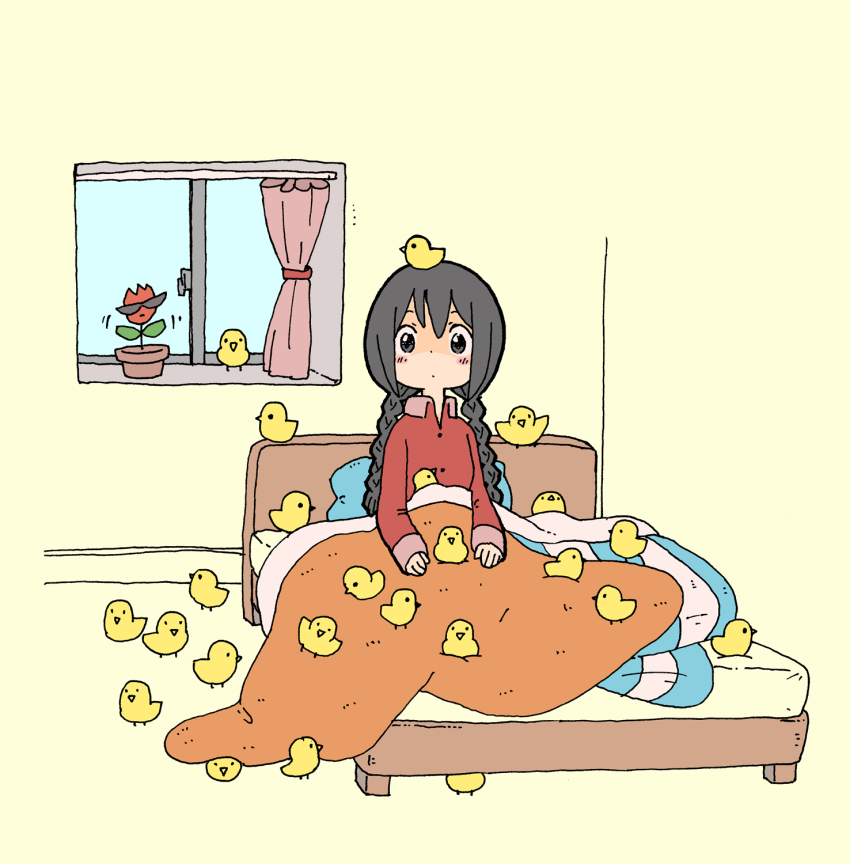 1girl animal bed bird black_hair braid brown_background chick chick_girl_(yukimoto_shuuji_(gurigura)) closed_mouth collared_shirt commentary_request curtains dancing_flower flower grey_eyes highres indoors long_hair long_sleeves looking_at_viewer low_twintails original pajamas pillow red_flower red_pajamas red_shirt shirt sleeves_past_wrists solo sunglasses too_many too_many_chicks twin_braids twintails under_covers window yukimoto_shuuji_(gurigura)