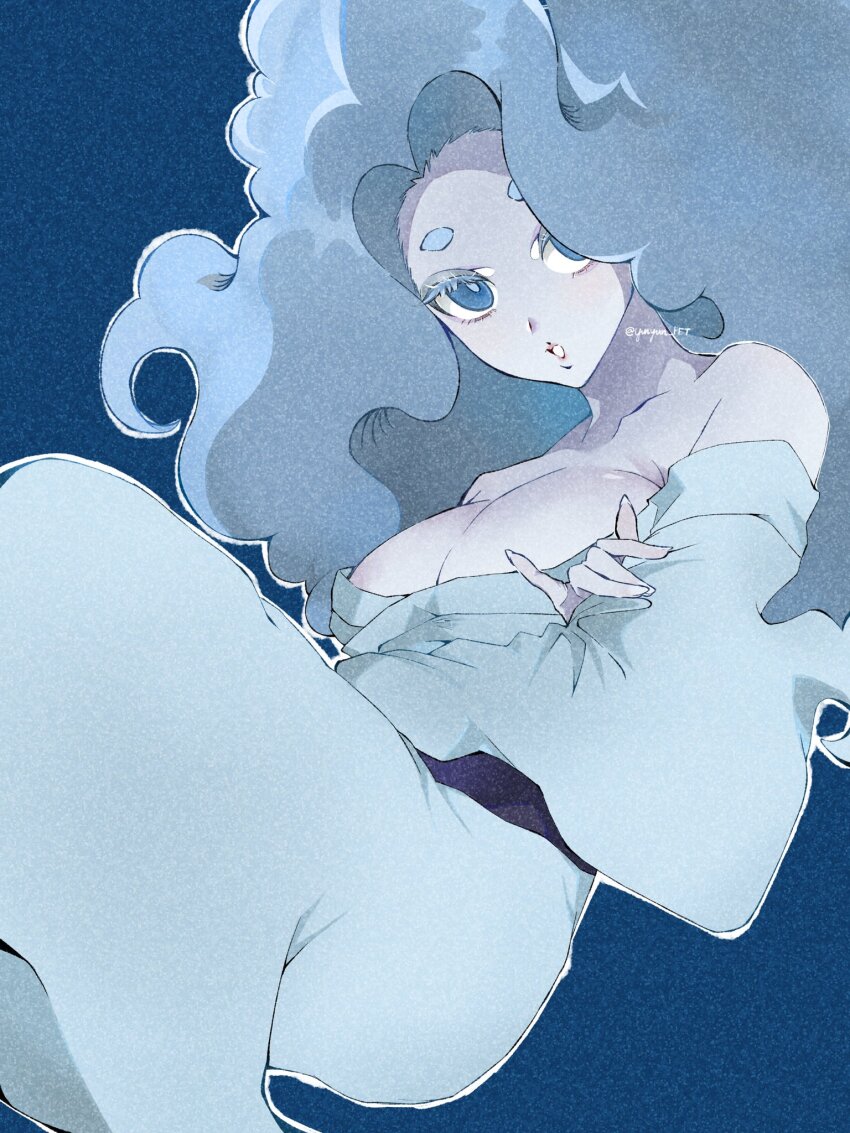 1girl big_hair blue_background blue_eyes breasts cleavage enraenra_(youkai_watch) film_grain grey_hair hair_over_one_eye highres large_breasts long_hair looking_at_viewer simple_background solo youkai_(youkai_watch) youkai_watch yunyun_pet