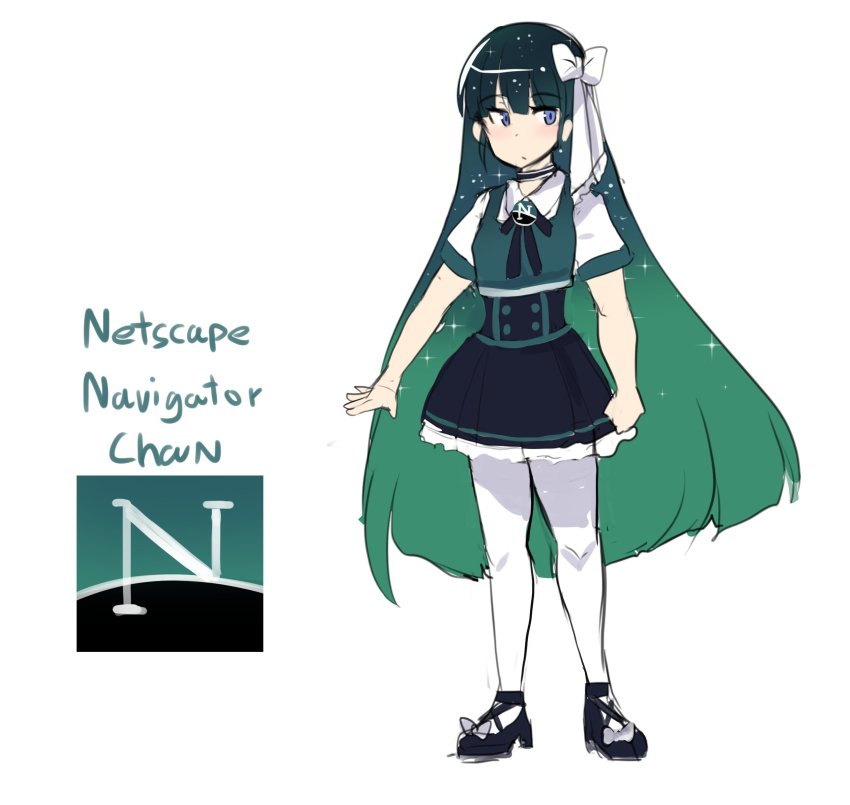 1girl black_hair black_shoes blue_eyes blunt_bangs blush bow character_name choker collared_shirt english_text facing_viewer female_focus full_body gradient_hair green_hair hair_bow highres hinghoi long_hair multicolored_hair netscape netscape_(merryweather) original os-tan pantyhose personification shirt shoes short_sleeves simple_background solo sparkle standing very_long_hair white_background white_bow white_pantyhose