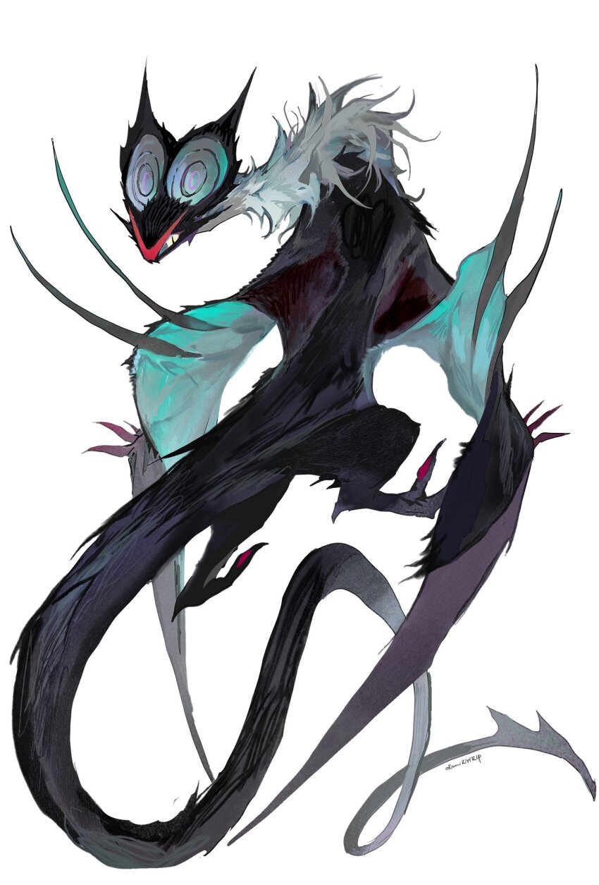 dragon full_body gen_6_pokemon highres kamikiririp looking_back nintendo no_humans noivern pokemon pokemon_(creature) scales simple_background slit_pupils white_background white_fur wings yellow_eyes