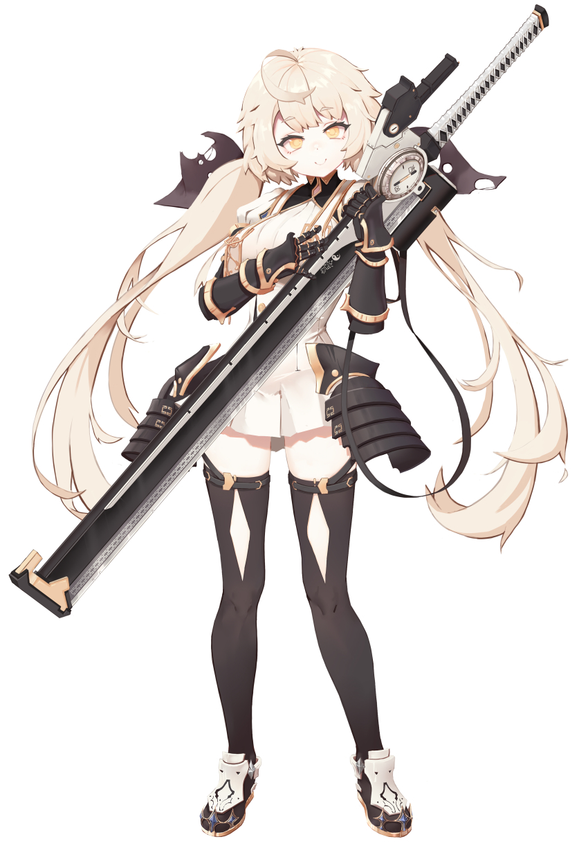 1girl absurdres ahoge bad_id bad_pixiv_id black_boots black_gloves black_thighhighs boots brown_eyes closed_mouth copyright_request dress full_body gloves greentree hands_up highres holding holding_sword holding_weapon light_brown_hair long_hair looking_at_viewer low_twintails simple_background smile solo standing sword thigh_boots thighhighs twintails vambraces very_long_hair weapon white_background white_dress