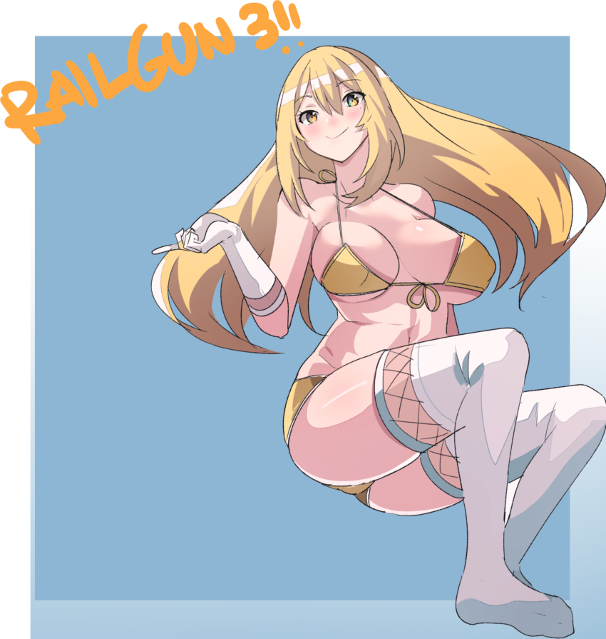 1girl absurdres bikini blonde_hair blue_background breasts closed_mouth commentary copyright_name elbow_gloves front-tie_bikini_top front-tie_top gloves halterneck highres invisible_chair julioalqae large_breasts long_hair shokuhou_misaki sitting smile solo sparkling_eyes swimsuit thighhighs toaru_kagaku_no_mental_out toaru_kagaku_no_railgun toaru_majutsu_no_index very_long_hair white_gloves white_thighhighs yellow_bikini yellow_eyes