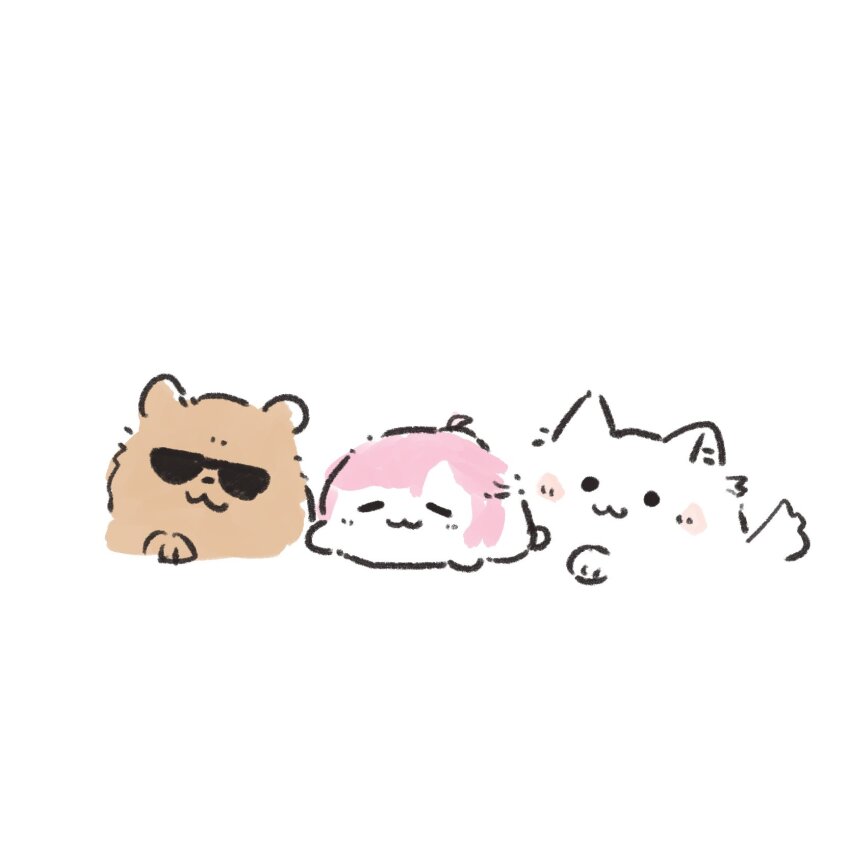 :3 ahoge animal animal_focus animalization anyoji_hime ao_kaeru brown_dog chow_chow closed_eyes closed_mouth dog genta_(mnemosyne) harino_(love_live!) highres link!_like!_love_live! love_live! no_humans seal_(animal) simple_background smile sunglasses virtual_youtuber white_background white_dog