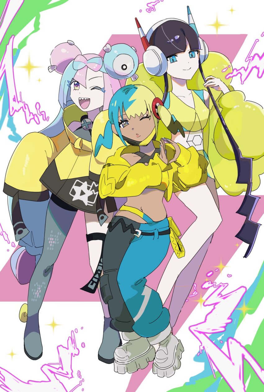 3girls aqua_hair black_hair black_mask blonde_hair blue_eyes blue_hair bow-shaped_hair breasts canari_(pokemon) character_hair_ornament commentary cropped_jacket dark-skinned_female dark_skin elesa_(pokemon) fang female_focus gen_1_pokemon hair_ornament headphones highres in-franchise_crossover iono_(pokemon) jacket long_hair long_sleeves looking_at_viewer magnemite mask mizu_251 mouth_mask multicolored_hair multiple_girls navel nintendo one_eye_closed open_mouth pants pantyhose pink_eyes pink_hair pokemon pokemon_bw2 pokemon_legends:_z-a pokemon_sv puffy_sleeves purple_eyes sharp_teeth short_hair short_hair_with_long_locks short_twintails sidelocks single_leg_pantyhose skin_fang sleeves_past_fingers sleeves_past_wrists smile split-color_hair symbol-only_commentary teeth trait_connection twintails two-tone_hair two-tone_mask yellow_jacket yellow_mask