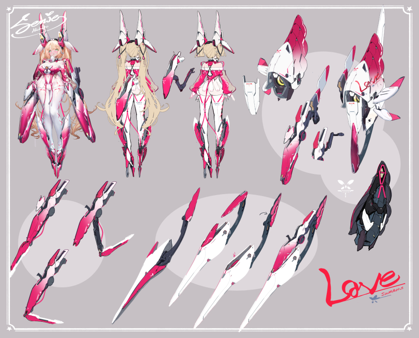 1girl ass blonde_hair blue_eyes breasts crosscore dk.senie headgear highres large_breasts long_hair mecha_musume multiple_views reference_sheet thighhighs twintails very_long_hair white_thighhighs
