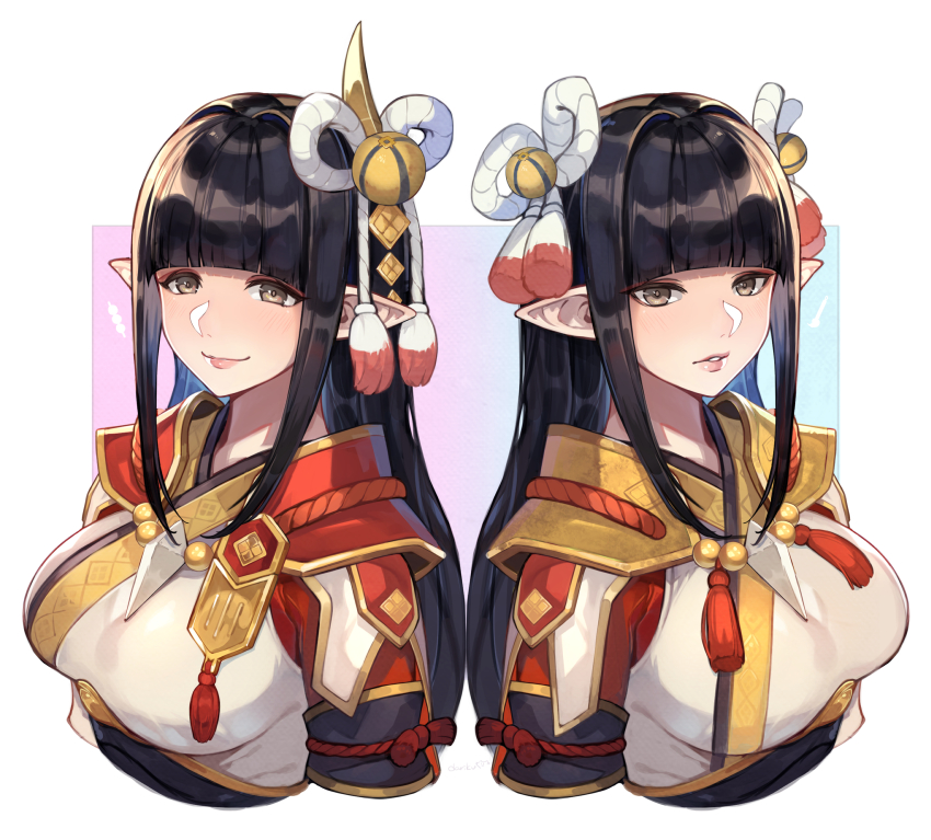 2girls absurdres black_hair blunt_bangs blush breasts fewer_digits gloves hair_ornament highres hinoa japanese_clothes long_hair looking_at_viewer minoto monster_hunter_(series) monster_hunter_rise multiple_girls pointy_ears siblings sisters smile twins uedrk_yamato yellow_eyes