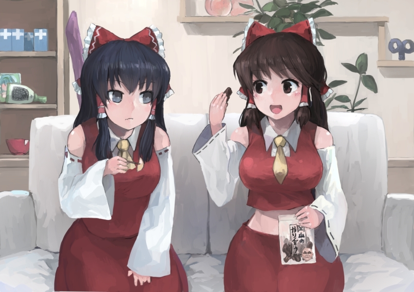 2girls black_eyes black_hair blush book bookshelf bow brown_eyes brown_hair character_request closed_mouth cookie_(touhou) couch hair_bow hair_tubes hakurei_reimu hentai_kuso_oyaji ichiba_youichi indoors looking_at_another multiple_girls noel_(cookie) open_mouth red_bow shinonome_(cookie) short_hair sitting smile touhou