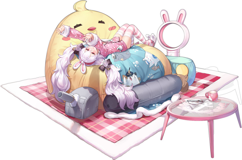 1girl animal_ears animal_print animal_slippers azur_lane azur_lane:_slow_ahead bladeless_fan bunny_slippers electric_fan fake_animal_ears glass_table hand_fan highres kaede_(yumesaki_kaede) laffey_(azur_lane) laffey_(sleep_to_clean_another_day)_(azur_lane) long_hair looking_at_viewer lying manjuu_(azur_lane) meowfficer_(azur_lane) official_alternate_costume official_art on_back on_bed pink_hair pink_shirt rabbit_ears red_eyes round_table shirt slippers solo striped_clothes striped_thighhighs table thighhighs torpedo transparent_background twintails very_long_hair