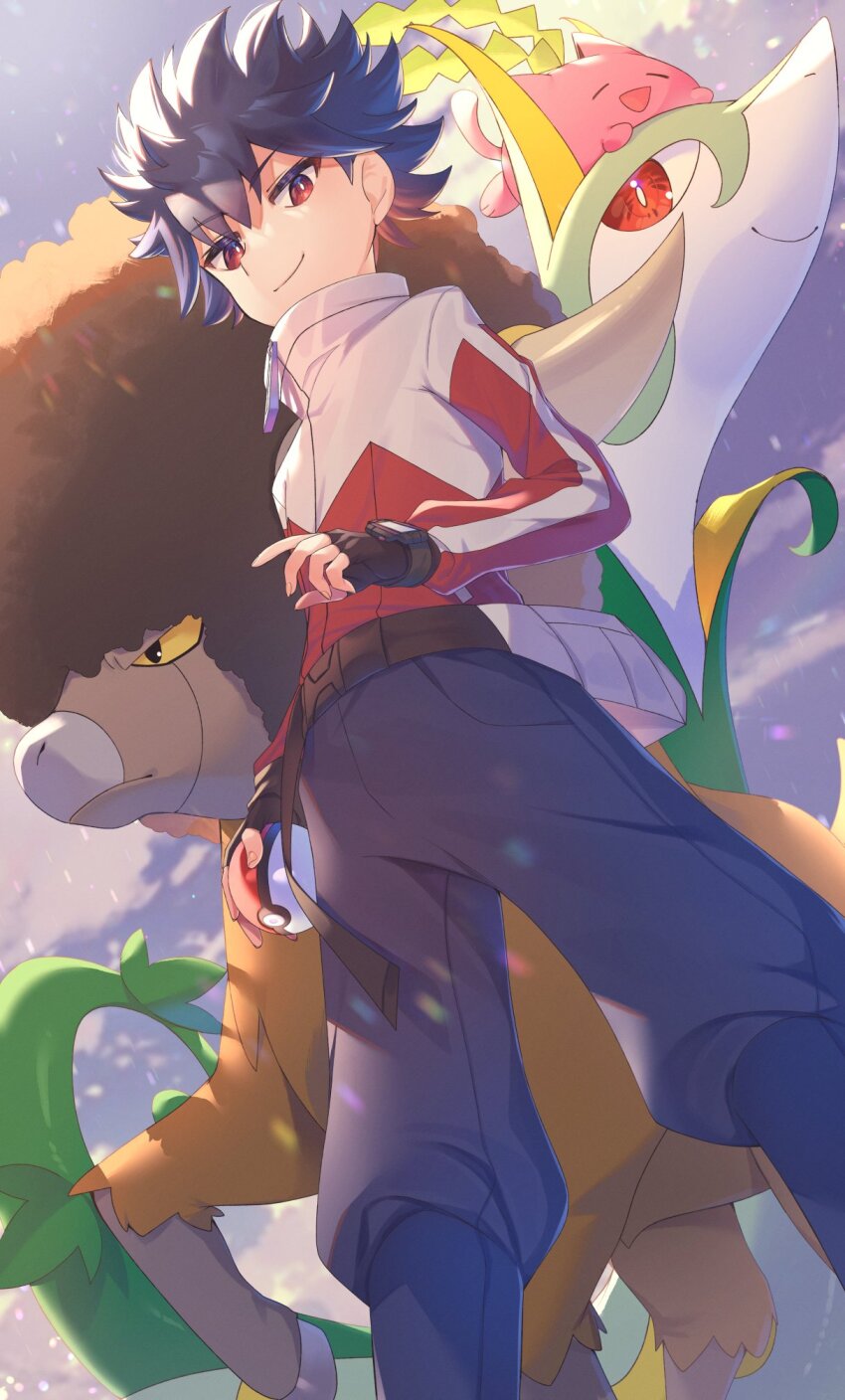 1boy black_gloves black_hair bouffalant bright_pupils closed_mouth commentary_request day fingerless_gloves from_below gen_2_pokemon gen_5_pokemon gloves highres holding holding_poke_ball hoppip hugh_(pokemon) jacket looking_down male_focus nintendo outdoors pants poke_ball poke_ball_(basic) pokemon pokemon_(creature) pokemon_bw2 puffy_pants red_eyes serperior short_hair smile spiked_hair yupiteru