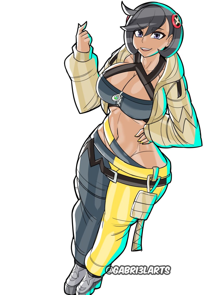 1girl black_hair breasts canari_(pokemon) canari_(pokemon)_(cosplay) cleavage collarbone cosplay emma_(pokemon) gabri3larts hair_ornament hairclip highres jacket large_breasts looking_at_viewer midriff nintendo open_clothes open_jacket open_mouth pokemon pokemon_legends:_z-a purple_eyes short_hair smile solo split-color_clothes twitter_username