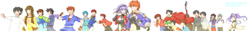 00s 2girls 6+boys :d akimoto_(akimomomoto) akitsu_masato amuro_ray anniversary aqua_centolm bad_id bad_pixiv_id black_eyes black_hair blue_eyes blue_hair breasts brown_eyes brown_hair cape char&#039;s_counterattack character_request cleavage closed_eyes clothing_cutout commentary_request copyright_name domon_kasshu duke_fleed the_end_of_evangelion fingerless_gloves g_gundam gear_senshi_dendou getter_robo getter_robo_g gloves great_mazinger green_eyes grey_hair gundam gundam_zz hades_project_zeorymer headband hibiki_akira highres hoshino_ruri hugo_medio ikari_shinji izumo_ginga jacket judau_ashta kabuto_kouji kamille_bidan kamina_ayato kidou_senkan_nadesico kikou_senki_dragonar kusanagi_hokuto large_breasts long_image machine_robo machine_robo_chronos_no_dai_gyakushuu mazinger_(series) mazinger_z medium_breasts multiple_boys multiple_girls nagare_ryoma navel navel_cutout neon_genesis_evangelion open_mouth orange_hair purple_hair pushing rahxephon raideen_(series) rom_stol ryuuzaki_kazuya scarf smile super_robot_wars super_robot_wars_mx toushou_daimos tsurugi_tetsuya twintails ufo_robo_grendizer vest wide_image yellow_eyes yuusha_raideen zeta_gundam