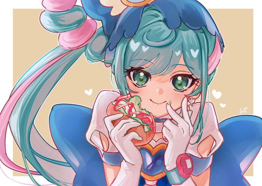 1girl absurdres aqua_hair back_bow blue_bow blue_brooch blue_choker blue_shirt blunt_bangs border bow braid braided_hair_rings brooch brown_background burger choker closed_mouth clothing_cutout crumbs cure_spicy delicious_party_precure earrings eating eyelashes food fork frilled_choker frilled_shirt_collar frills fuwa_kokone gloves green_eyes hair_bow hair_bun hair_ornament hair_rings hand_on_own_cheek hand_on_own_face hardboiled_egg heart heart_brooch highres holding holding_food jewelry ketchup large_bow lettuce light_blush loose_hair_strand magical_girl multicolored_hair outline outside_border pink_hair pink_lips precure puffy_short_sleeves puffy_sleeves shipu_(gassyumaron) shirt short_sleeves shoulder_cutout side_ponytail signature simple_background single_hair_bun smile solo streaked_hair swept_bangs tomato tomato_slice tsurime two-tone_hair upper_body watch white_border white_gloves white_outline white_sleeves wristwatch