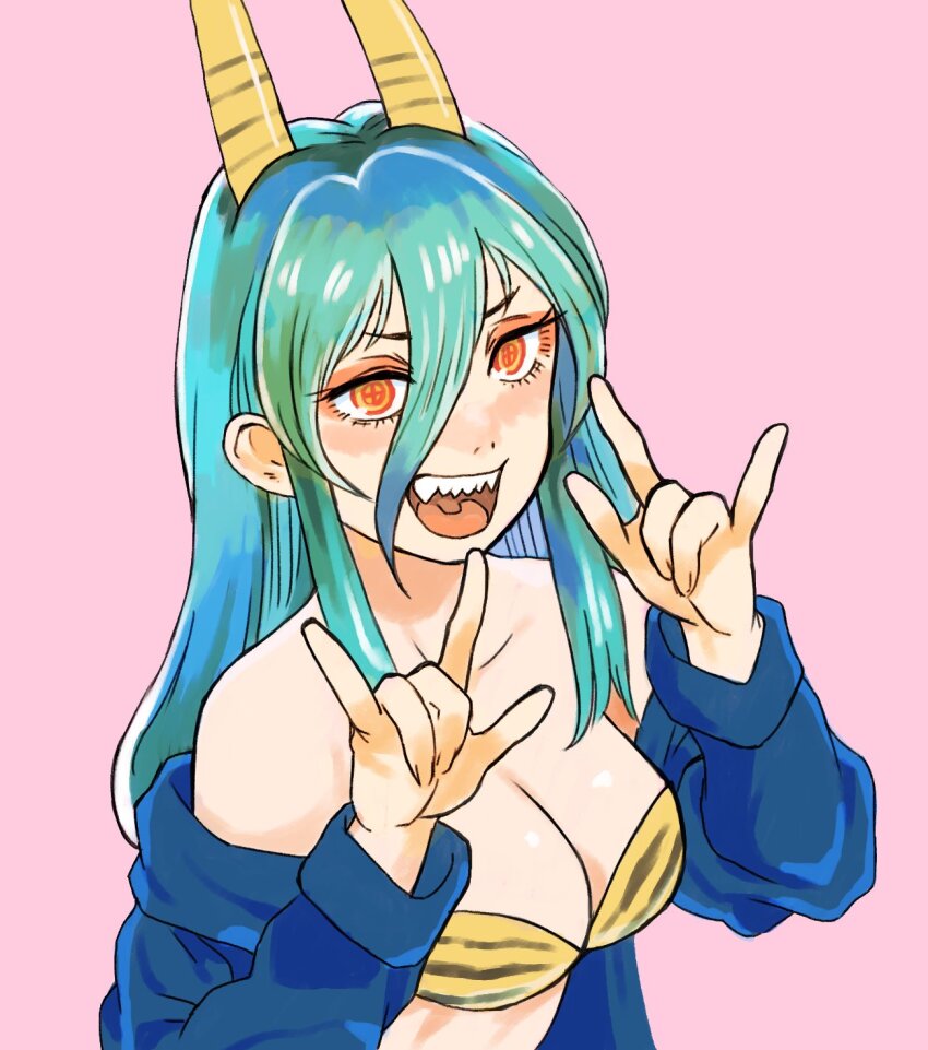 1girl :d \m/ animal_print aqua_hair bare_shoulders bikini blue_jacket breasts chainsaw_man cleavage cosplay cross-shaped_pupils double_\m/ gan2 hair_between_eyes hands_up highres horns jacket long_hair long_sleeves lum lum_(cosplay) medium_breasts off_shoulder open_clothes open_jacket open_mouth pink_background power_(chainsaw_man) print_bikini red_pupils sharp_teeth simple_background smile solo strapless strapless_bikini swimsuit symbol-shaped_pupils teeth tiger_print upper_teeth_only urusei_yatsura v-shaped_eyebrows yellow_eyes yellow_horns