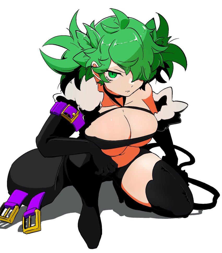 1girl armband black_gloves black_shorts black_thighhighs breasts buckle cleavage coat dark_hunter dark_hunter_(sekaiju) dark_hunter_5 etrian_odyssey fur_trim gloves green_eyes green_hair hair_over_one_eye highres large_breasts looking_at_viewer omusubi5498 on_one_knee open_clothes open_coat sekaiju_no_meikyuu sekaiju_no_meikyuu_1 sekaiju_no_meikyuu_hd short_shorts shorts simple_background solo thighhighs whip white_background