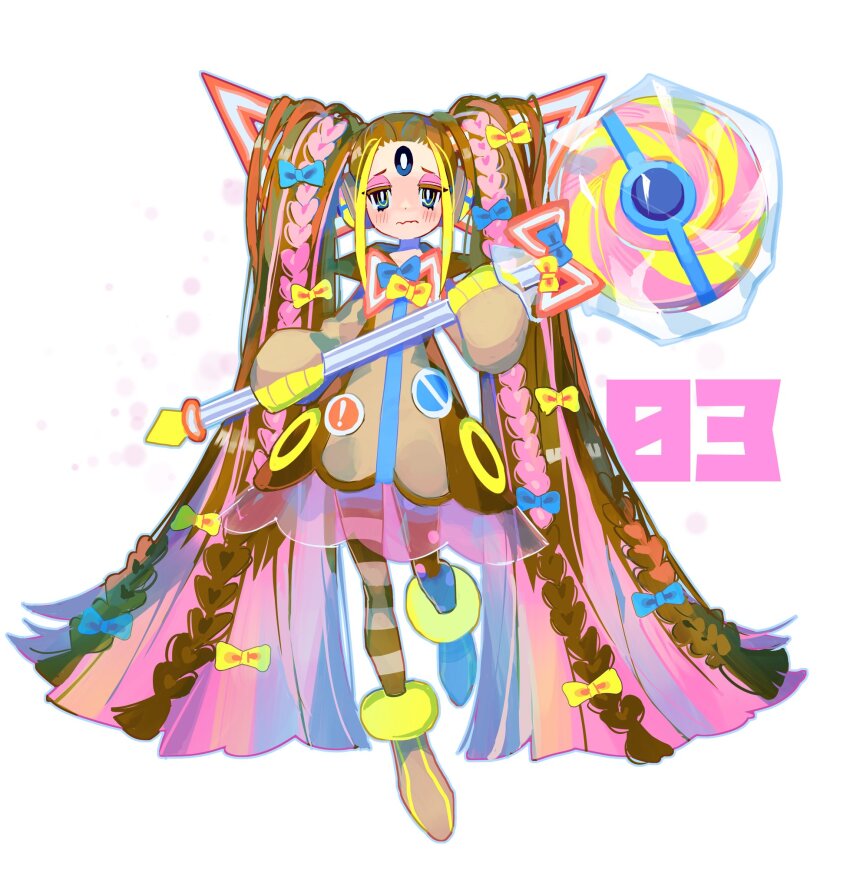 1girl bow candy facial_mark food forehead_mark game_freak gastrodon gen_4_pokemon hair_bow highres holding holding_candy holding_food holding_lollipop holding_staff lollipop long_hair multicolored_hair multiple_hair_bows nintendo pokemon staff striped_leggings yasubaru