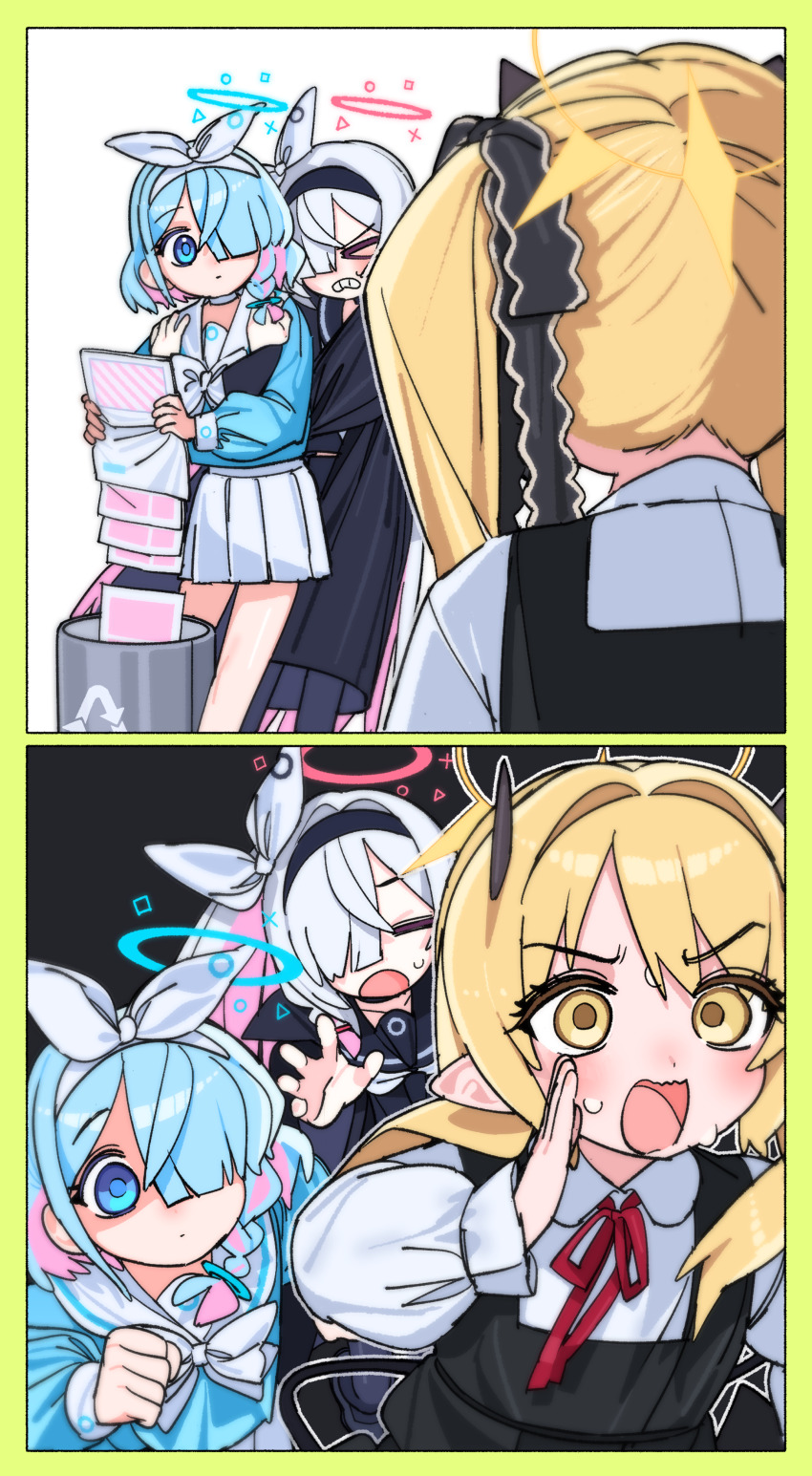 3girls absurdres arona_(blue_archive) black_coat black_dress black_hairband black_pantyhose black_sailor_collar black_shirt blonde_hair blue_archive blue_eyes blue_hair blue_shirt blush bow braid clenched_teeth closed_eyes closed_mouth coat colored_inner_hair demon_girl demon_horns dress grey_hair hair_over_one_eye hair_ribbon hairband highres holding holding_paper horns hug hug_from_behind ibuki_(blue_archive) je_o_mo long_hair medium_hair multicolored_hair multiple_girls neckerchief open_mouth pantyhose paper plana_(blue_archive) pointy_ears red_ribbon ribbon sailor_collar shaded_face shirt shouting side_ponytail sidelocks single_braid skirt sweatdrop teeth two-tone_hair white_bow white_hairband white_neckerchief white_ribbon white_sailor_collar white_shirt white_skirt yellow_background