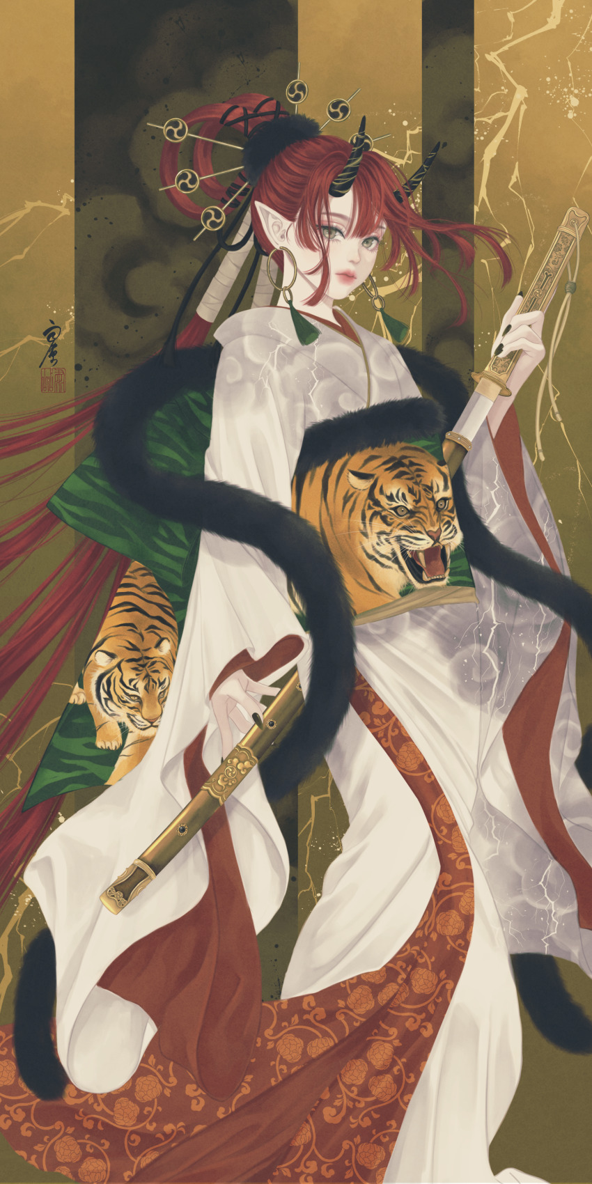 1girl absurdres animal_print black_horns black_nails brown_eyes closed_mouth cloud earrings feet_out_of_frame floral_print green_sash hair_ornament hair_stick highres holding holding_sword holding_weapon hoop_earrings horns japanese_clothes japanese_mythology jewelry katana kimono lightning lips long_hair long_sleeves looking_at_viewer nail_polish original pointy_ears print_sash raijin_(mythology) red_hair sash seal_impression sheath signature solo standing sword tassel tassel_earrings tiger tiger_print unsheathing ushiyama_ame very_long_hair weapon white_kimono wide_sleeves
