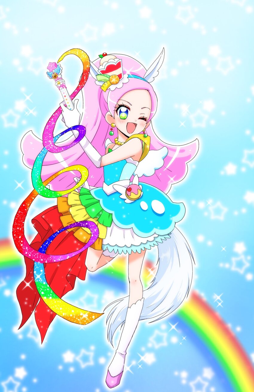 1girl bare_shoulders boots choker commentary_request cure_parfait dress food hair_ornament headband highres holding kirahoshi_ciel kirakira_precure_a_la_mode long_hair one_eye_closed parfait pearl_choker pink_hair ponytail precure rainbow reira_(reomimi0211) solo strapless strapless_dress tail white_boots white_wings wings