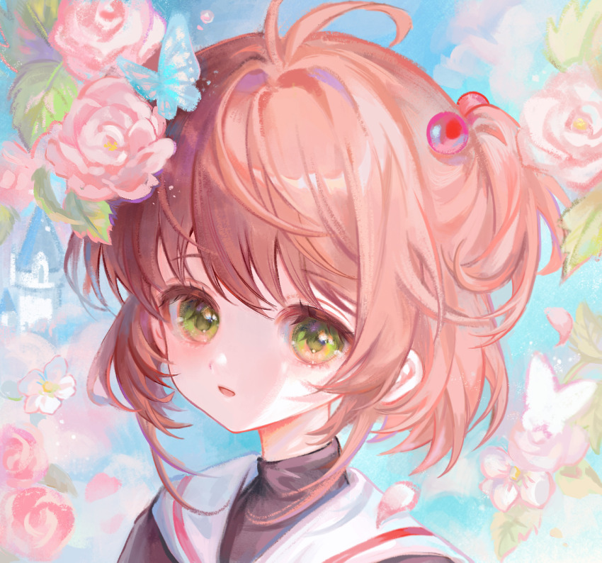 1girl antenna_hair black_shirt blue_sky brown_hair cardcaptor_sakura castle chinese_commentary cloud commentary_request day dot_nose expressionless eyelashes flower green_eyes hair_bobbles hair_ornament kinomoto_sakura light_particles loose_hair_strand making-of_available outdoors parted_lips petals pink_flower pink_rose prince_(xhs_95444336039) rose sailor_collar school_uniform serafuku shirt short_hair_with_long_locks sky solo tareme tomoeda_elementary_school_uniform turtleneck turtleneck_shirt two_side_up upper_body white_flower white_sailor_collar