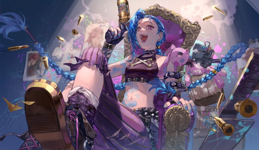 1girl absurdres aiming_up ammunition arcane:_league_of_legends arcane_jinx arcane_vi arm_strap bare_shoulders black_gloves black_shirt blue_hair blue_nails boots braided_twintails breasts brown_boots bullet chair cloud_tattoo crate crop_top crossed_legs dagger earrings fang fingerless_gloves floating floating_object foot_out_of_frame forehead freckles gloves graffiti gun handgun highres holding holding_gun holding_weapon jewelry jinx_(league_of_legends) kelezi knife laughing league_of_legends leather_strap light_particles linea_alba nail_polish navel open_mouth paint_splatter pants photo_(object) purple_eyes purple_lips purple_pants purple_socks shirt sitting sleeveless sleeveless_shirt small_breasts socks solo spiked_belt spotlight stomach stomach_tattoo striped_clothes striped_pants stud_earrings stuffed_toy tattoo tongue tongue_out torn_clothes torn_pants twintails vertical-striped_clothes vertical-striped_pants vi_(league_of_legends) wanted_poster weapon