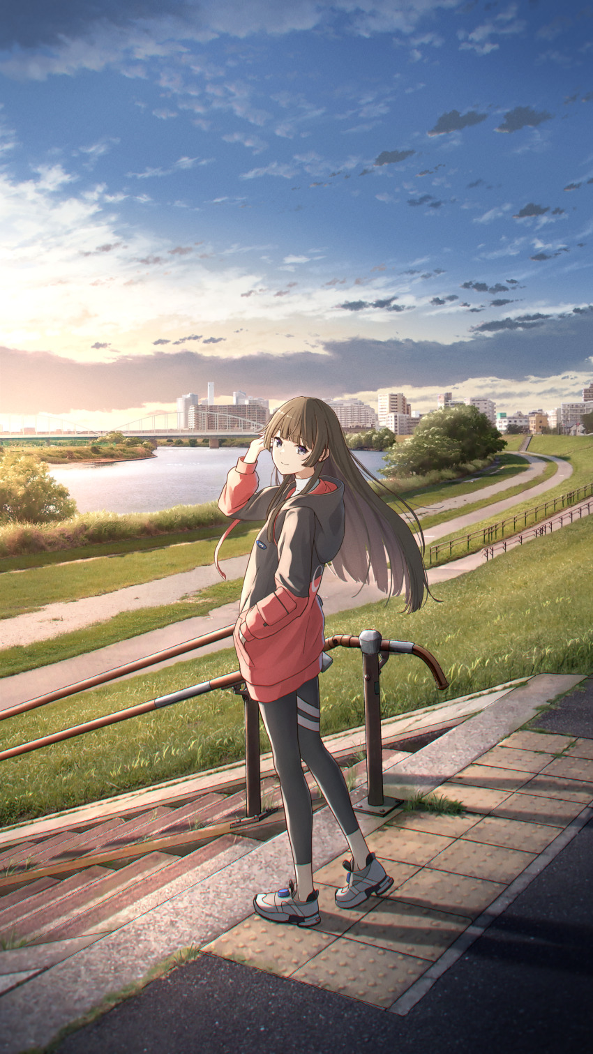 1girl absurdres anyotete black_hair black_hoodie black_leggings blunt_bangs bridge building city closed_mouth cloud grass grey_eyes highres hood hoodie leggings long_hair long_sleeves looking_at_viewer morning nijisanji outdoors path railing red_hoodie river road shoes sky smile sneakers solo stairs standing tsukino_mito two-tone_hoodie virtual_youtuber white_shoes white_sneakers