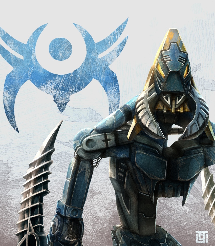 arm_blade bionicle bordakh_(bionicle) commentary english_commentary glowing glowing_eyes highres humanoid_robot kozsen_810290 looking_at_viewer mandibles no_humans orange_eyes robot science_fiction solo the_lego_group weapon