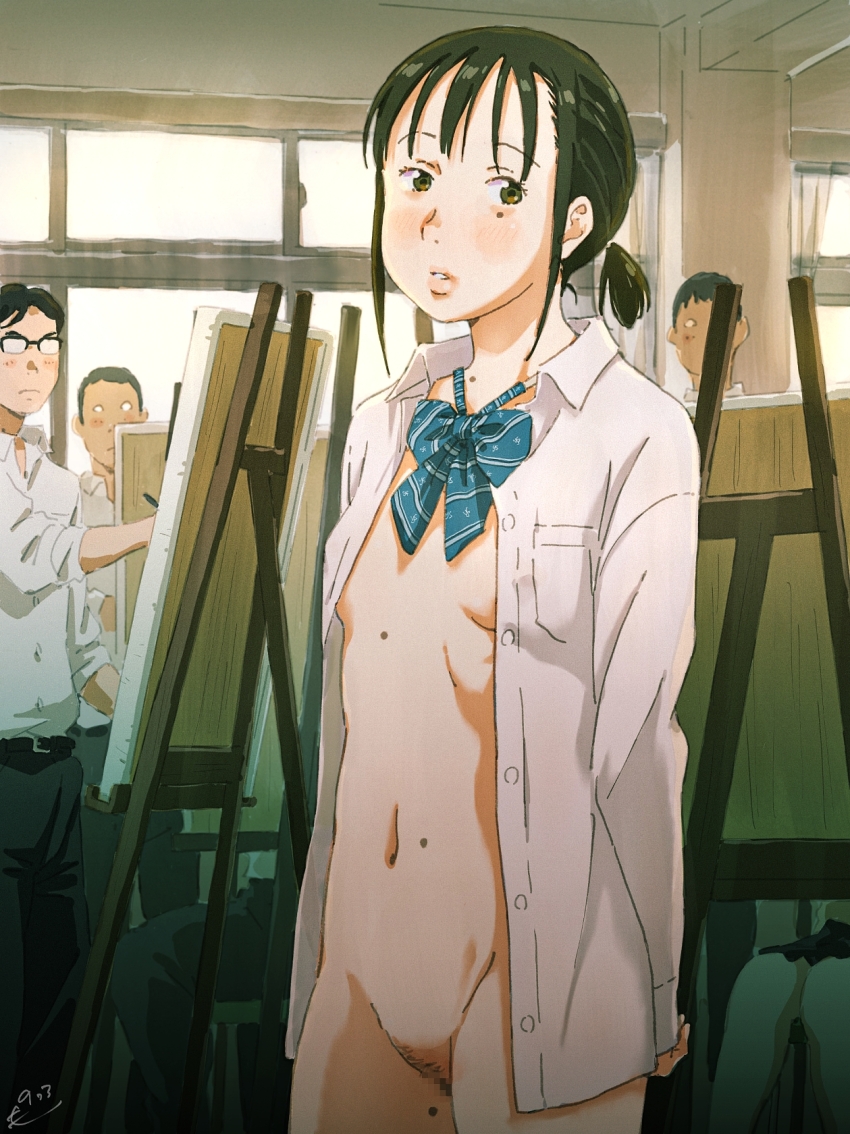 1girl 3boys black_hair blue_bow blue_bowtie bottomless bow bowtie breasts canvas_(object) censored commentary drawing_(action) glasses highres indoors modeling monodevil mosaic_censoring multiple_boys navel nude_modeling opaque_glasses open_clothes open_shirt original parted_lips ponytail school short_ponytail small_breasts striped_bow striped_bowtie striped_clothes