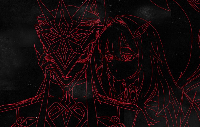1boy 1girl 1xsf24x1 black_background capitano_(genshin_impact) chain choker closed_mouth couple extra_eyes eye_hair_ornament genshin_impact hand_on_another&#039;s_face helmet highres jacket lineart long_hair mask mask_on_head outline red_outline ronova_(genshin_impact) sketch star_(sky) starry_sky_background symbol-shaped_pupils thick_eyelashes unfinished very_long_hair wings