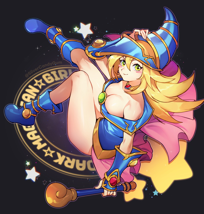 1girl absurdres black_background blonde_hair blue_boots blue_dress blush_stickers boots breasts cleavage commentary_request dark_magician_girl dark_magician_girl_the_magician&#039;s_apprentice dress duel_monster green_eyes hair_between_eyes hand_on_headwear highres holding holding_staff large_breasts long_hair looking_at_viewer phrygian_helmet silvercandy_gum smile solo staff star_(symbol) thighs yu-gi-oh!
