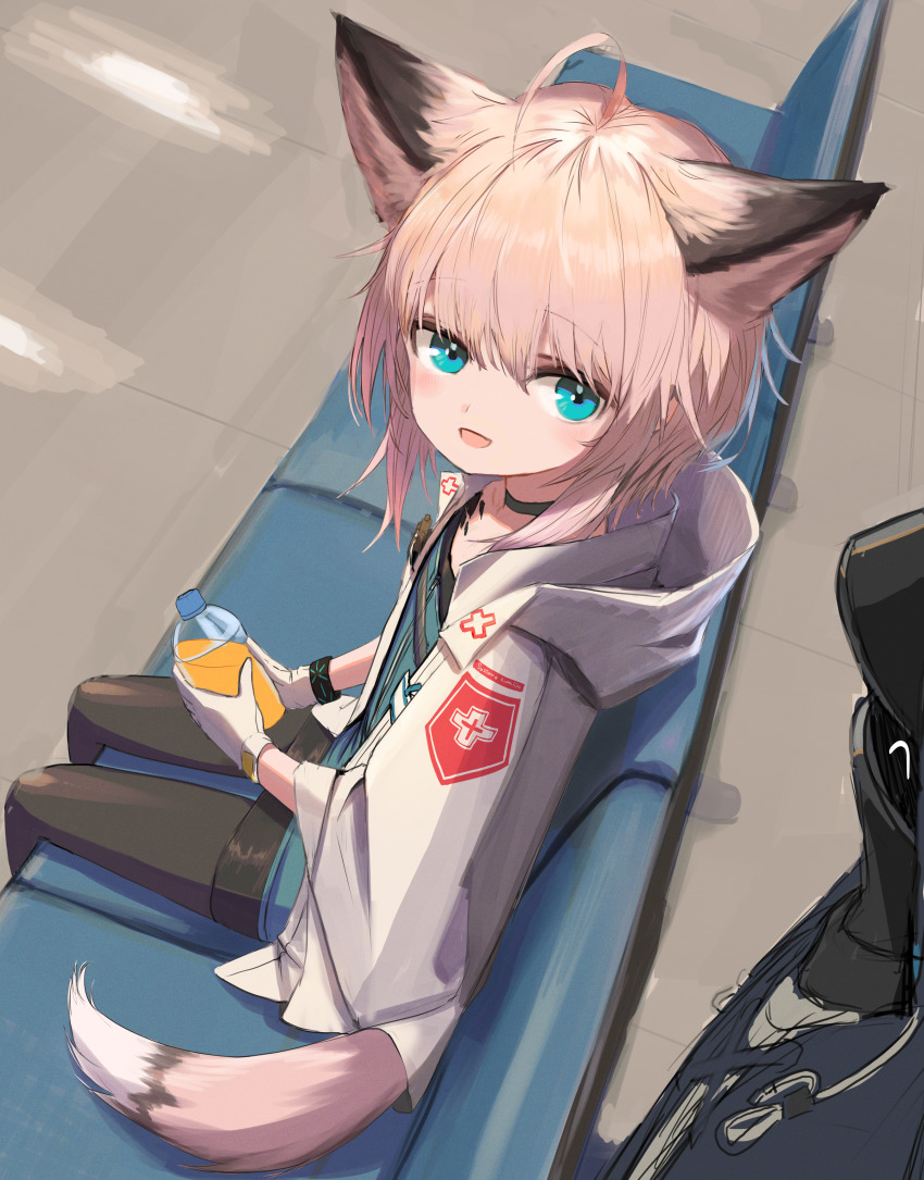 1girl :d ^_^ absurdres ahoge animal_ears arknights black_choker black_pantyhose black_skirt blue_eyes blue_shirt bottle brown_hair choker closed_eyes couch doctor_(arknights) flat_chest fox_ears fox_girl fox_tail gloves highres holding holding_bottle infection_monitor_(arknights) izumo_(ton_63) jacket looking_at_viewer open_clothes open_jacket open_mouth pantyhose shirt sitting skirt smile solo_focus sussurro_(arknights) tail white_gloves white_jacket