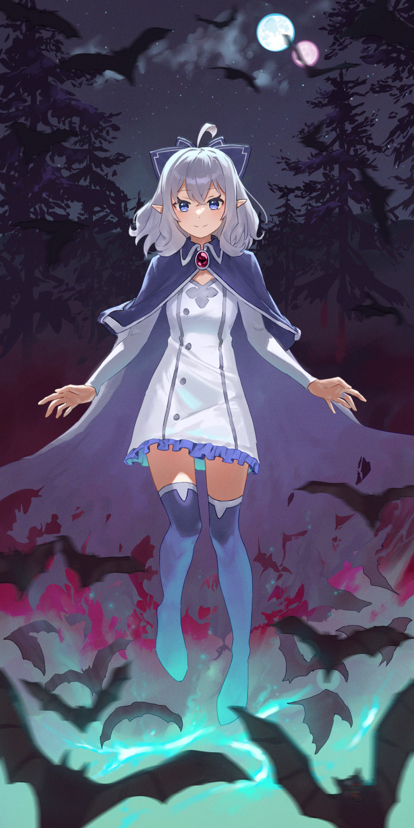 1girl absurdres ahoge bat_(animal) blue_boots blue_capelet blue_eyes blue_ribbon boots capelet closed_mouth dress e_ga_ku flora_(isekai_nonbiri_nouka) forest frilled_dress frills full_body gem glowing grey_hair hair_between_eyes hair_ribbon highres isekai_nonbiri_nouka jewelry light_blush looking_at_viewer multiple_moons nature night night_sky pointy_ears ribbon ring short_hair sky smile solo star_(sky) starry_sky thigh_boots vampire white_dress