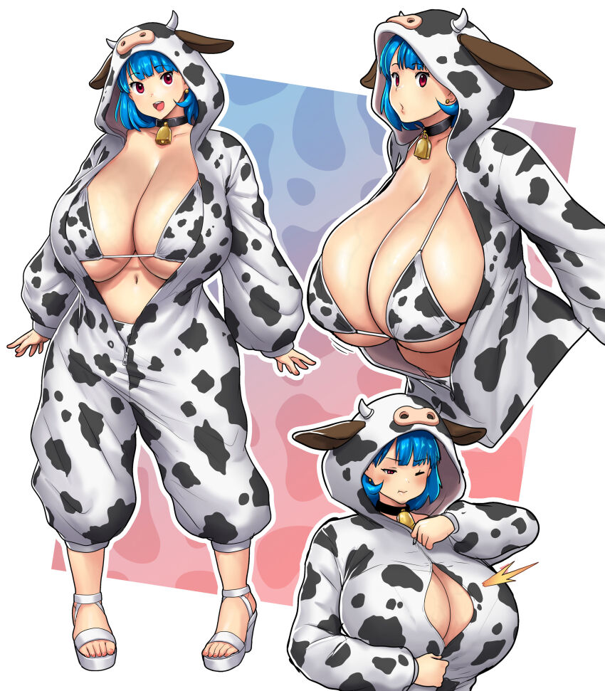 1girl :d :o :t absurdres animal_ears animal_print bell bikini bikini_under_clothes blue_hair blush breasts collar cow_ears cow_girl cow_hood cow_horns cow_print cow_print_bikini cowbell erkaz fake_animal_ears fake_horns high_heels highres horns huge_breasts multiple_views neck_bell one_eye_closed onesie open_mouth original partially_unzipped print_bikini red_eyes rina_atherina short_hair simple_background smile swimsuit