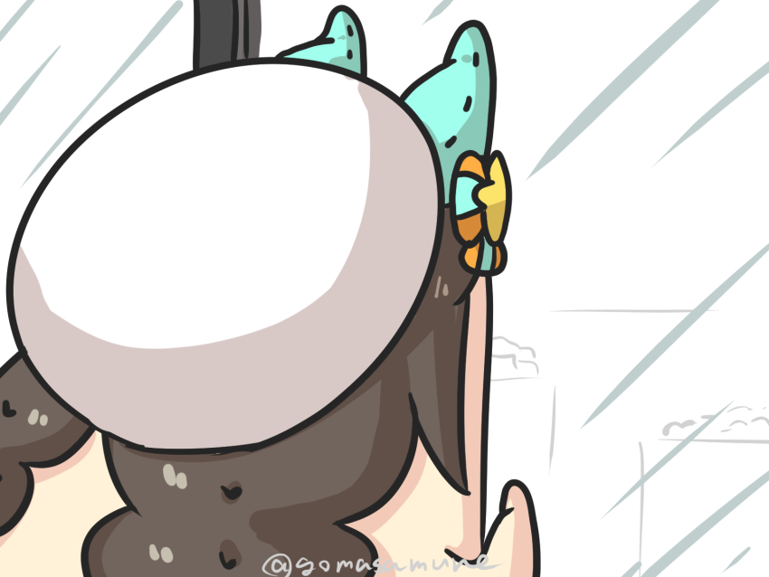 against_glass against_window animal_ears beret bow braid brown_hair goma_(gomasamune) hand_up hat highres hokko_tarumae_(umamusume) horse_ears indoors long_hair low_twintails solo star_(symbol) striped_bow twin_braids twintails twitter_username umamusume white_hat window